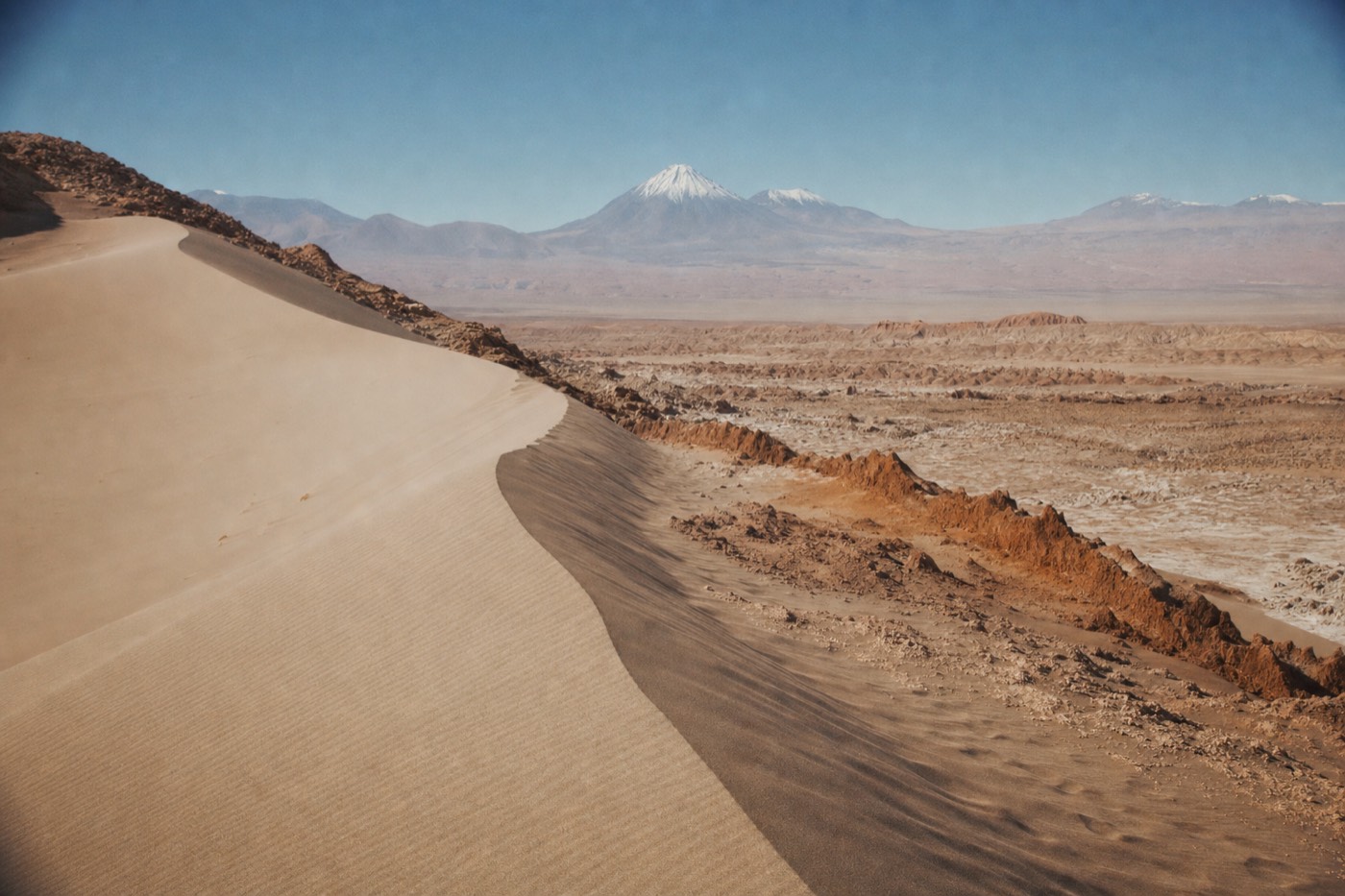 Wind-carved dunes and eroded salt formations in Valle de la Muerte near San Pedro de Atacama