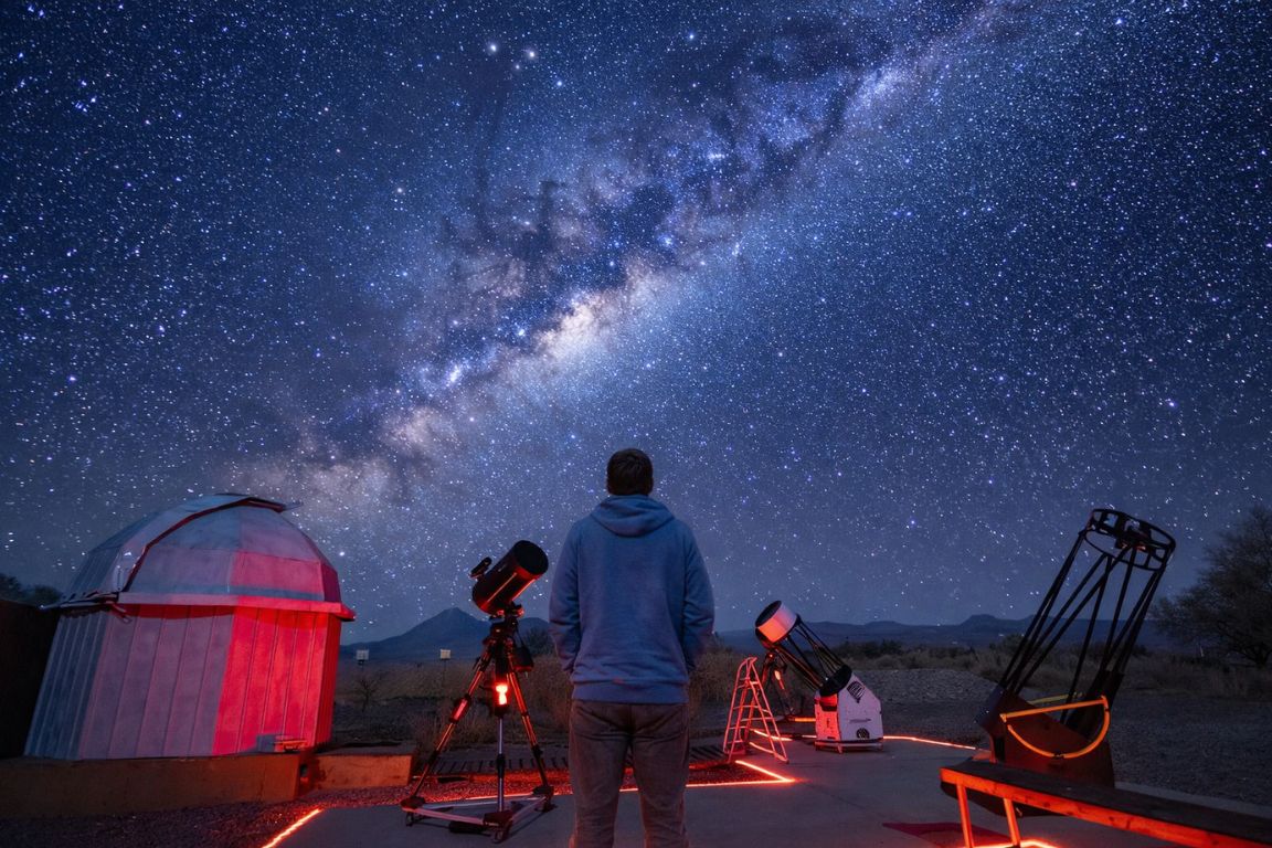 Milky Way stargazing at Ahlarkapin Observatory in the Atacama Desert during a night astronomy tour with Atacama Chile Tours, featuring telescopes and a visitor observing the sky.