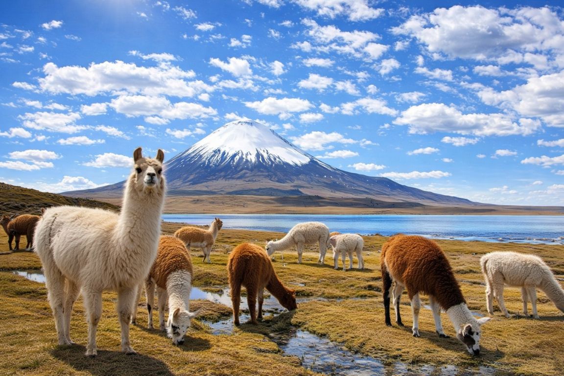Llamas grazing at the Puna Salt Flats in the Atacama Desert with snow-capped volcano, photographed during a guided tour with Atacama Chile Tours.