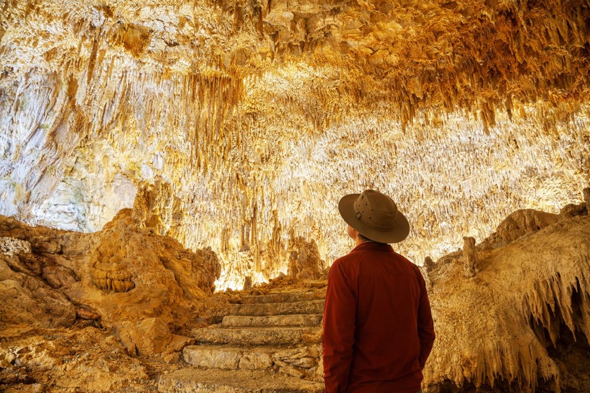 Golden-lit salt caves in the Atacama Desert with stone steps and mineral walls, photographed during an Atacama Chile Tours excursion.