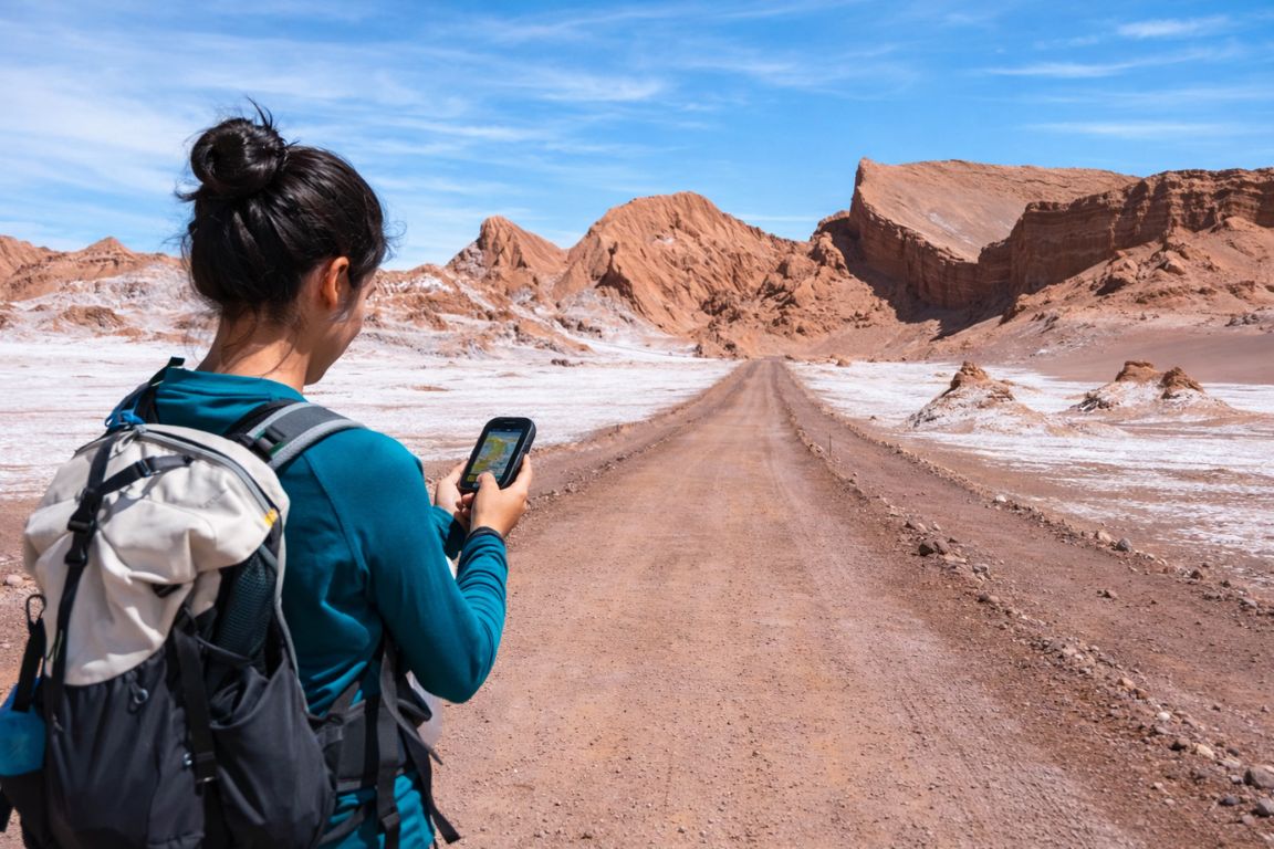 Solo woman exploring the Atacama Desert as part of a guided tour with Atacama Chile Tours, highlighting safe and independent travel