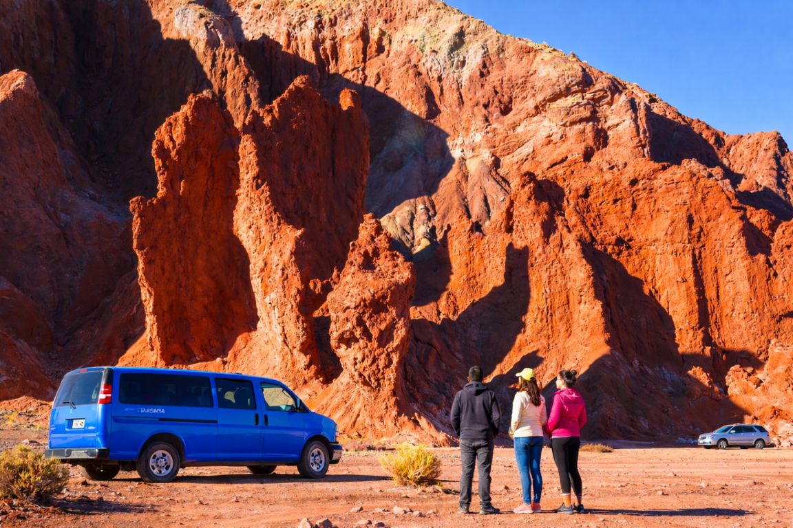 Exploring the Atacama Desert by rental car with Atacama Chile Tours, scenic stop at iconic red rock formations